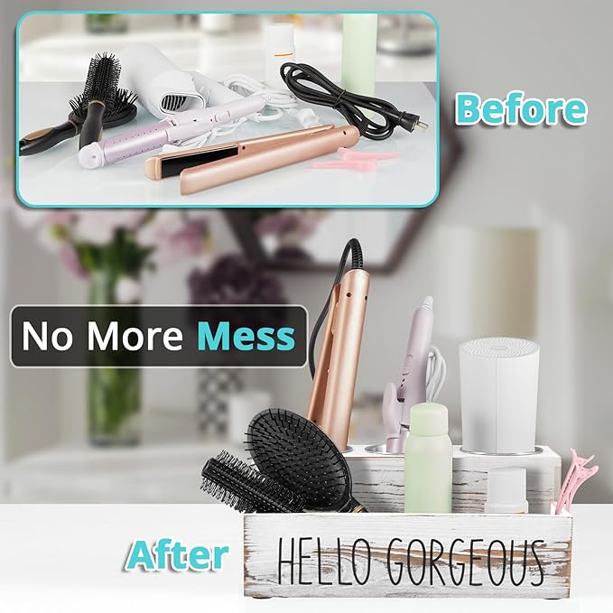 Bivvclaz Hair Tool Organizer, Rustic White Wood Hair Dryer Holder Countertop, Wall Mount Hot Tools Organizer for Hair Styling Accessories, Bathroom Supplies Vanity Caddy for Curling Wand, Blow Dryer