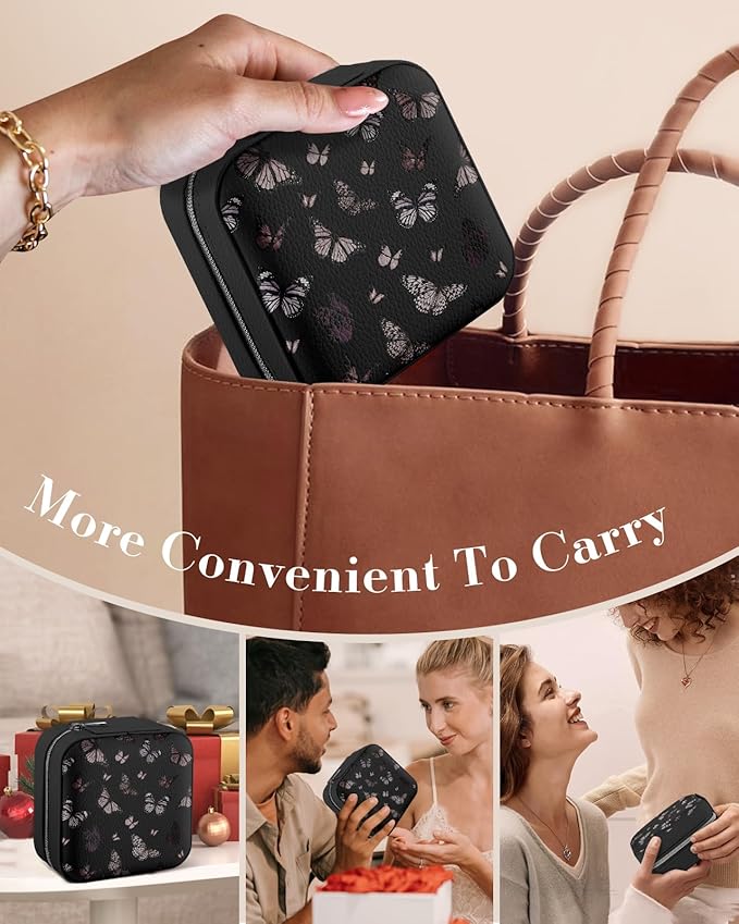 Bistup Travel Jewelry Case - Small Jewelry Organizers and Storage Box for Women Girls Teens Cute Traveling Jewelry Holder Mirror Little Tiny Compact Modern Unique Aesthetic Pretty, Black Butterfly