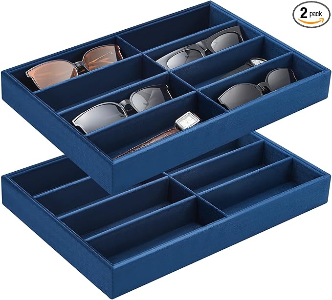 Amylove 2 Pcs Sunglass Organizer Trays Glasses Stackable Jewelry Trays Sunglass Organizer Display Box(8 Grids,Navy Blue)