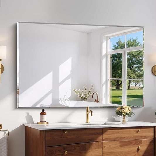 CILIBER Beveled Mirror, 55x36 Large Bathroom Mirrors for Over Sink, Lightweight Design Beveled Frameless Vanity Mirror Wall Mounted, Crystal-Clear 3mm Tempered Glass, Horizontally or Vertically