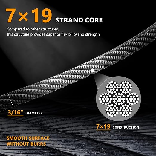 3/16" Stainless Steel Cable 500FT, 7 x 19 Strand Wire Rope Aircraft Cable, 3700lbs Breaking Strength for Deck Cable Railing, Ziplines, Clotheslines, and DIY Balustrades