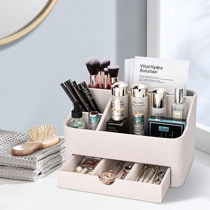 KINGFOM Leather Makeup Organizer with Drawer, Cosmetic Storage for Dresser Countertop and Bathroom Vanity, Beauty Holder for Lipstick Brush Skincare (Beige)