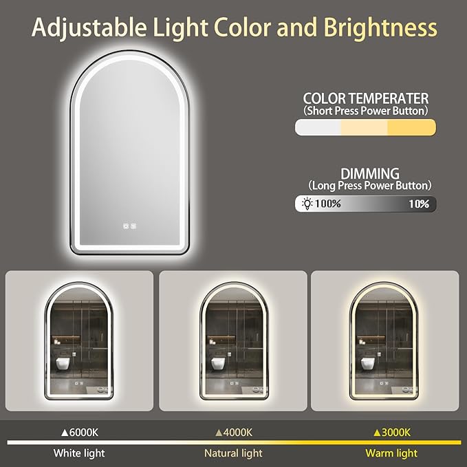 24x36 inch Black Tempered Glass LED Arched Mirror for Bathroom Vanity Mirror or Wall Decor Arch Mirror Brushed Metal Frame Wall Mounted Mirror for Bathroom
