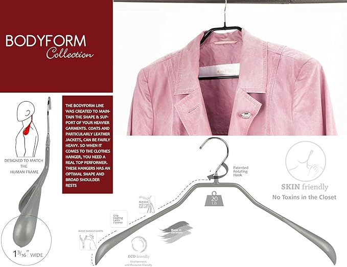 Mawa by Reston Lloyd BodyForm Series Style 42/LS, Non-Slip Steel Clothing Hanger for Suits, Dresses, & Shirts, 1½ inch Wide Shoulder Support and Pant Bar, Set of 60, White