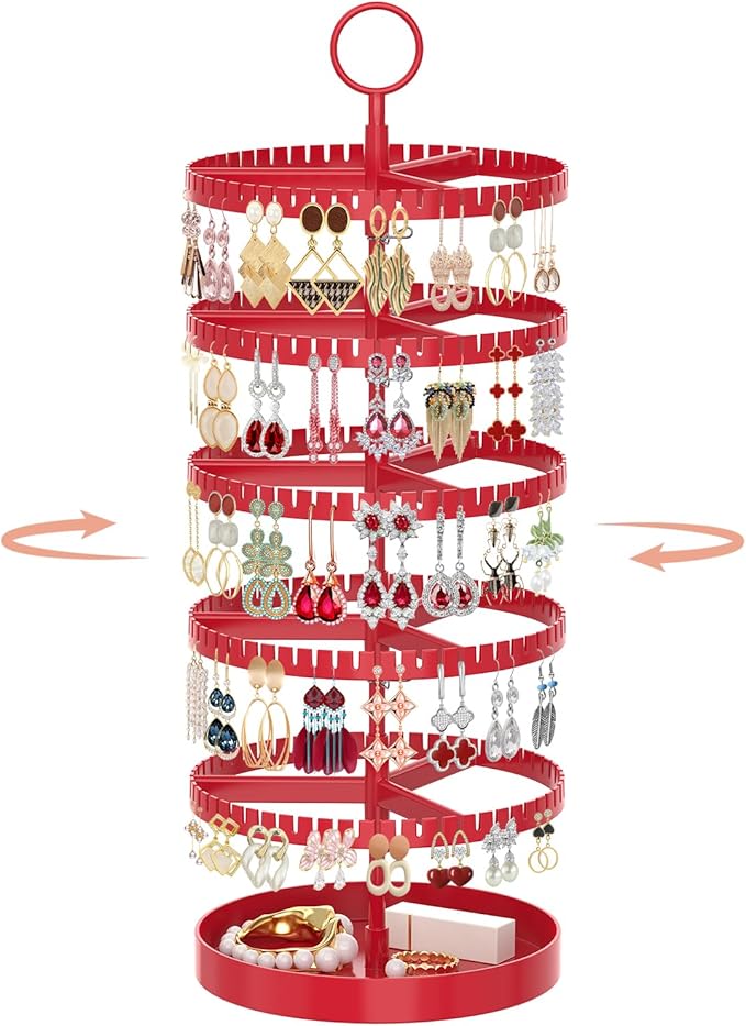 iDavosic.ly 5 Tier Rotating Earring Holder Organizer with Metal Tray, Adjustable Plastic Dangle Display Stands Tree with 285 Grooves, Large Hoop Storage Rack Tower, Red