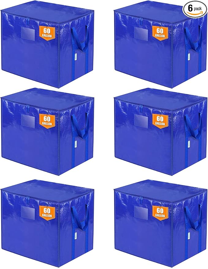 TICONN 6 Pack Extra Large Moving Bags with Zippers & Carrying Handles, Heavy-Duty Storage Tote Moving Boxes for Space Saving (6 PK, 60 Gallon)