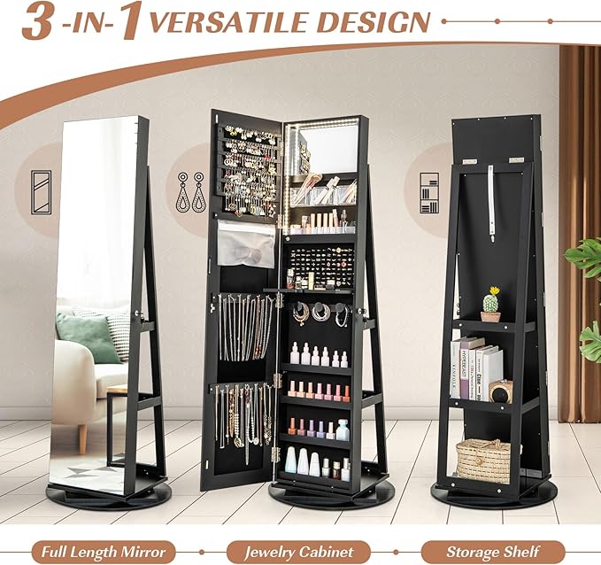Mirror Jewelry Cabinet Standing with Full Length Mirror, 360° Swivel Jewelry Armoire with 3-Color LED Lights & Foldable Makeup Shelf, Lockable Organizer for Women, Space-Saving (Black)
