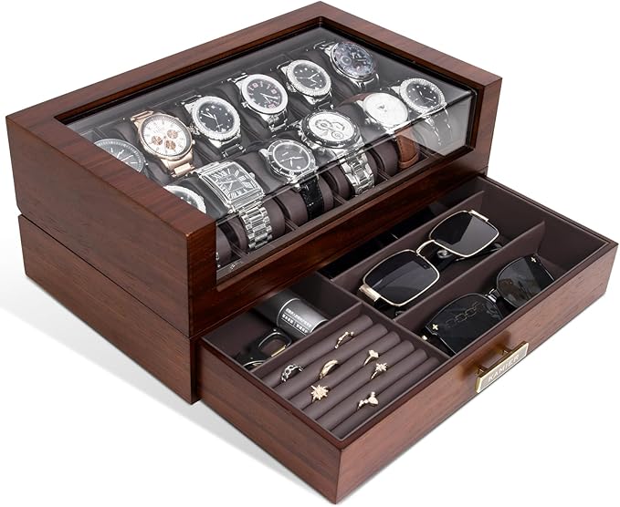High End Watch Box for Men, 12 Slot Wooden Watch Case With Drawer, Watch Display Box with Glass Lid, 2-Layer Watch Holder for Jewelry and Watch Storage for Men Women , Ideal for Gift (With Gift Box)