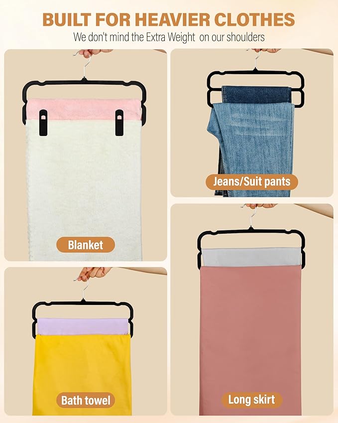 Velvet Pants Hangers with Double Non Slip Bar - with Adjustable Clips- Thin Space Saving Clothes Hanger - 360° Swivel Felt Trouser Hanger Perchas Terciopelo 10 Pack (Black)