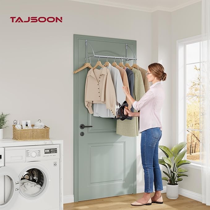 Tajsoon Over The Door Hanger Expandable & Adjustable, Over The Door Hooks for Hanging Towel & Coat, Door Rack Hanger for Bathroom, Bedroom, Washroom, Fits Doors up to 1¾”, Metal, Silver