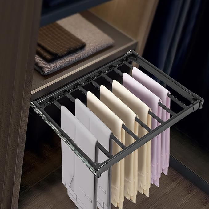 11 Arms Slide Out Pants Rack Closet Pants Hanger Bar Pull Out Trousers Rack Tie Belts Scarf Racks, Top Mounted Wardrobe Clothes Organizers Rail Pull Out Closet Storage Rod-Black