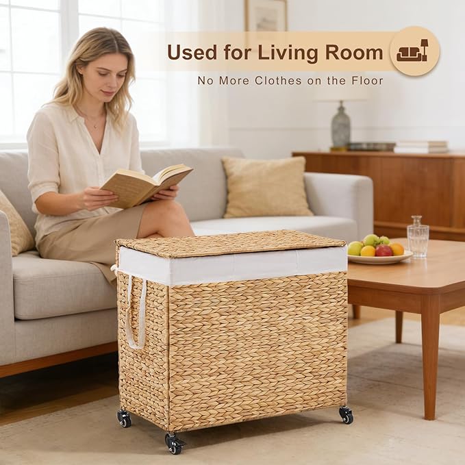3-Section Laundry Hamper with Lid, Large Capacity Woven Natural Water Hyacinth Laundry Sorter with Removable Liners, Rolling or Non-Slip Design for Bedroom (Natural, 3-Section)