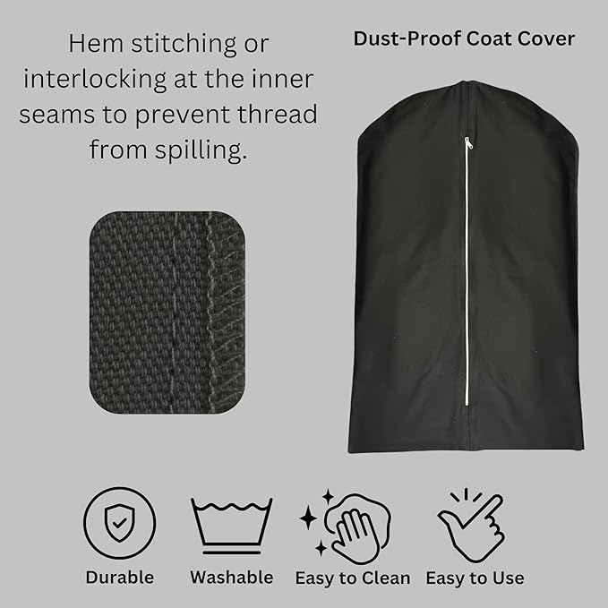 Garment Bag for Hanging Clothes – Organic Cotton Suit & Coat Cover with Zipper | Breathable Closet Organizer for Travel & Storage (Large (24"x48"), Black)