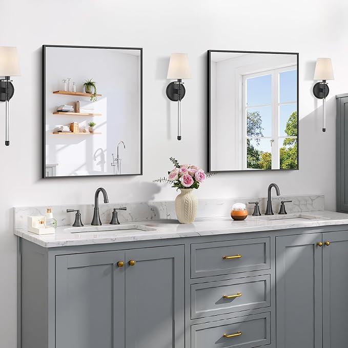 Black Bathroom Mirror for Wall, 18x24 Inch Rectangle Mirror with Metal Frame, Modern Vanity Mirrors for Bathroom Living Room, Entryway Hangs Horizontal or Vertical