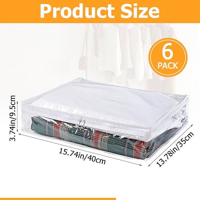 6 Packs Clear Zippered Storage Bags, Sweater Storage Bags with Zipper, Plastic PVC Sweater Sheet Organizer for Clothing Blankets Closet Bed Sheet Pillow(15.74 x 13.78 x 3.74 in)