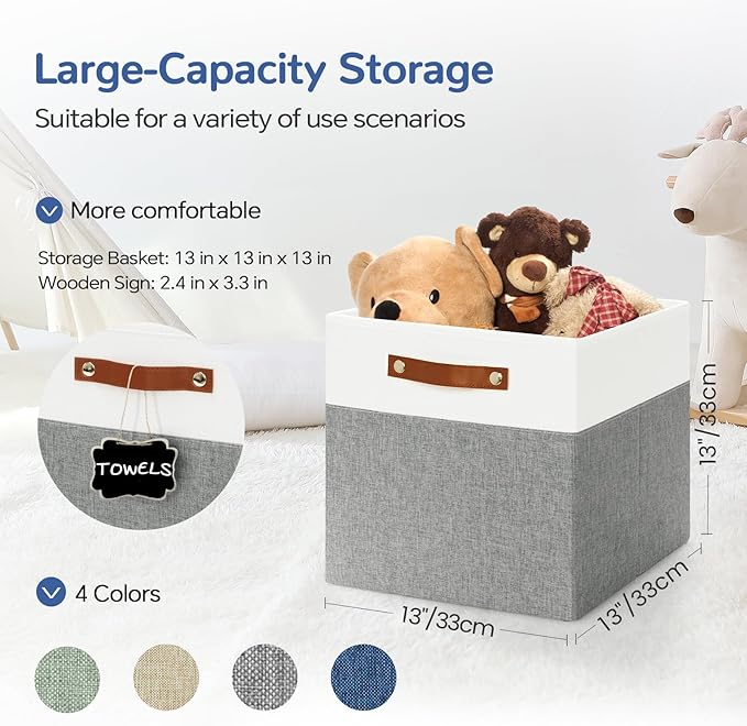 13x13 Storage Cubes 4-Pack, Large Foldable Fabric Cube Storage Bin with Reinforced Bottom and Labels, Organizer Baskets for Shelves, Closets(White/Gray)