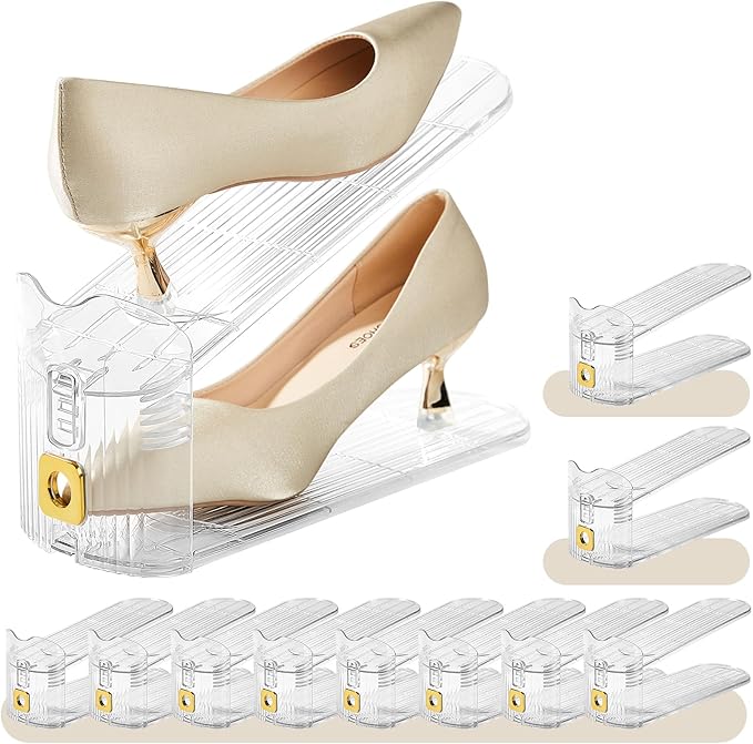 10 Pack Clear Shoe Slots Organizer for Closet, Adjustable Shoe Stackers for a Pair of Shoes,Shoe Storage Shoe Space Saver 50% Shoe Shelf Display Holder for Closet