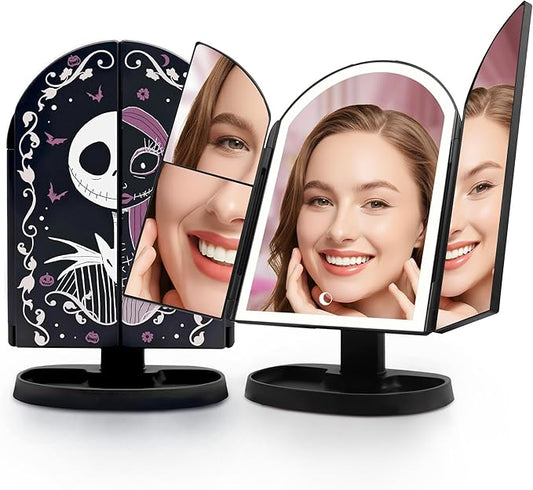 Impressions Vanity Jack and Sally Arch Trifold LED Makeup Mirror for Desk, 3 Way View Foldable Vanity Mirror with Lights with 2X and 3X Magnification, Adjustable Tilt and Soft Touch
