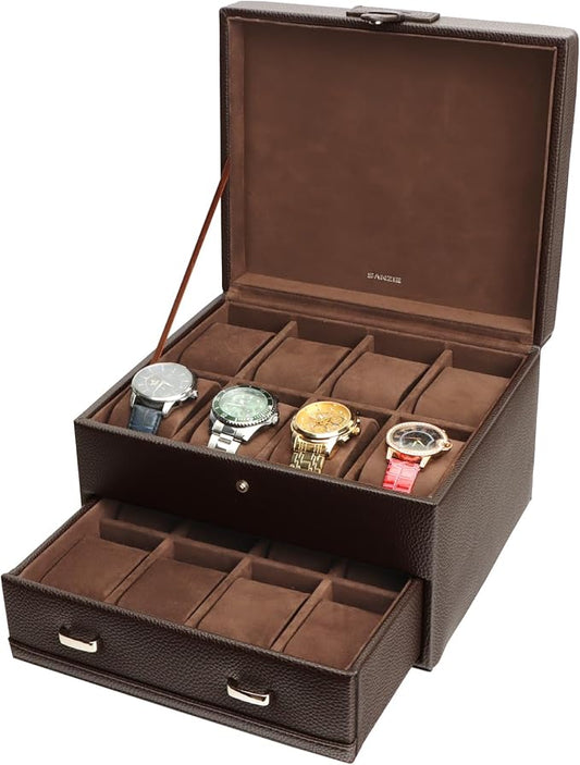 SANZIE 16-Slot Watch Box for Mens Watch Case with Removable Watch Pillows, Watch Holder Organizer Watch Storage with Brown Synthetic Leather (Brown)
