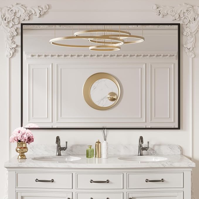 LOAAO 60"X40" Black Rectangle Bathroom Mirror Wall, Matte Black Aluminum Alloy Frame, Tempered Glass, Hangs Vertically or Horizontally, Easy to Install