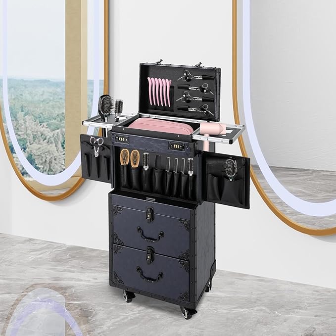 Rolling Lockable Makeup Train Case,Large Cosmetic Organizer Train Case Makeup Travel Case with 360° Swivel Wheels, Trolley Makeup Travel Organizer,Black