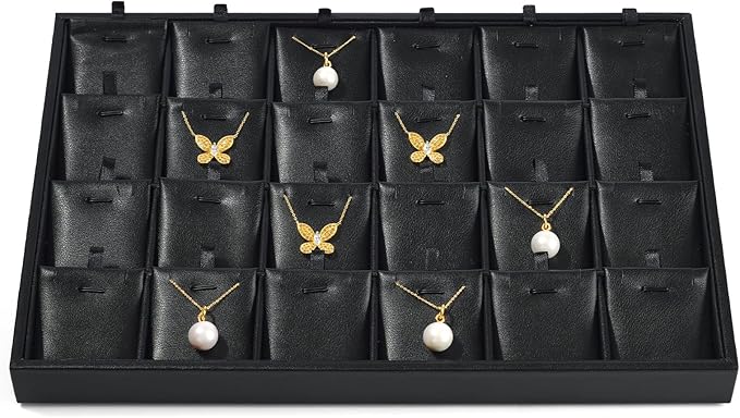 24 Grids Leather Necklace Tray Jewelry Display Tray for Drawers With Removable Jewellery Cards Necklace Pendant Tray (Black)
