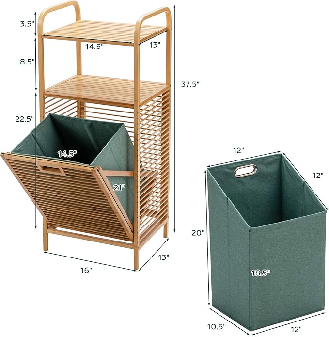 Giantex Laundry Hamper Tilt-Out Laundry Linen Hamper Bamboo Freestanding Clothes Basket W/Shelf & Removable Liner, Storage Laundry Shelf for Bathroom Living Room Bedroom, Natural