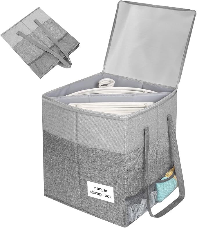 Clothes Hanger Organizer Bag with Lid,Rigid Hanger Storage Containers,Hanger Caddy Organizer Box with Handle and Label Window Keep Closet Laundry Rooms Tidy (Grey)