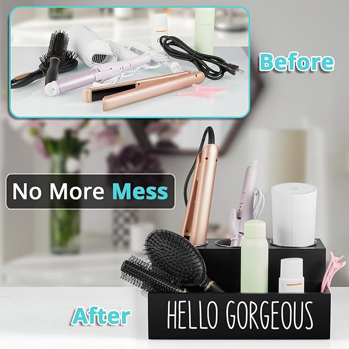 Bivvclaz Hair Tool Organizer, Wooden Hair Dryer Holder Countertop, Wall Mount Hot Tools Organizer for Hair Styling Accessories, Bathroom Supplies Vanity Caddy for Curling Wand, Blow Dryer, Black