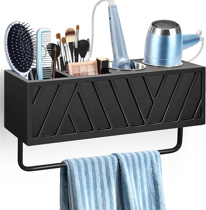 Hair Tool Organizer Wall Mounted with Towel Bar, Wood Hair Dryer and Styling Holder for Bathroom, Vanity Caddy Storage Stand for Storage Bathroom Accessories, Flat Iron, Blow Dryer, Brushes(Black)
