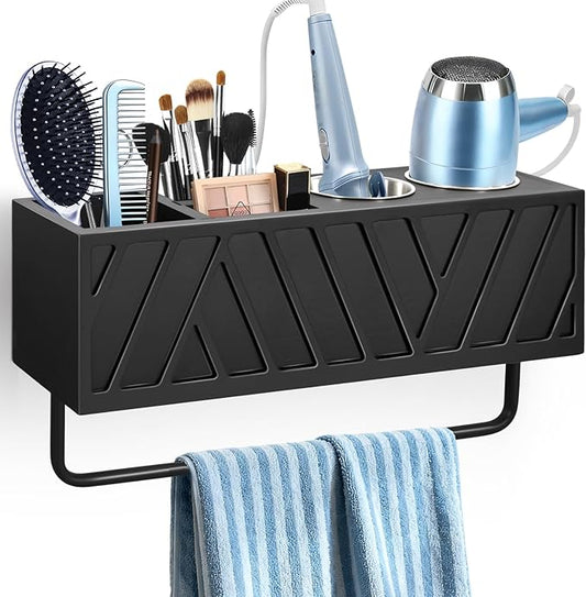 Hair Tool Organizer Wall Mounted with Towel Bar, Wood Hair Dryer and Styling Holder for Bathroom, Vanity Caddy Storage Stand for Storage Bathroom Accessories, Flat Iron, Blow Dryer, Brushes(Black)