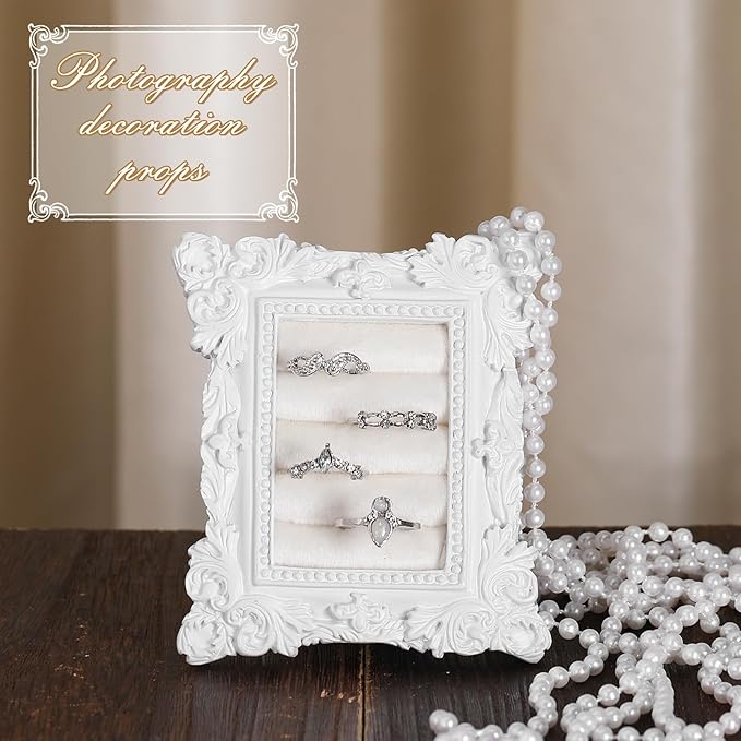 Vintage Ring Holder Rectangle White Ring Display Stand Frame Earring Display Tray Anniversary Engagement Baroque Wedding Jewelry Organizer Photograph Prop for Women Christmas Gift