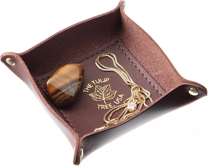 USA Handmade Premium Leather Valet Tray, Jewelry Organizer, With Brass Rivets (Burgundy, Mini)