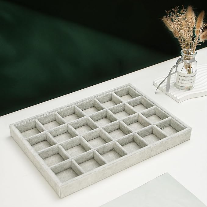 2pcs/Set Velvet Jewelry Tray, 24 Grids Large Storage Tray for Bracelet Bangle Beads Display, Jewellery Organizer Box Tray for Home Drawer or Shop Store Selling Show (Grey Velvet)