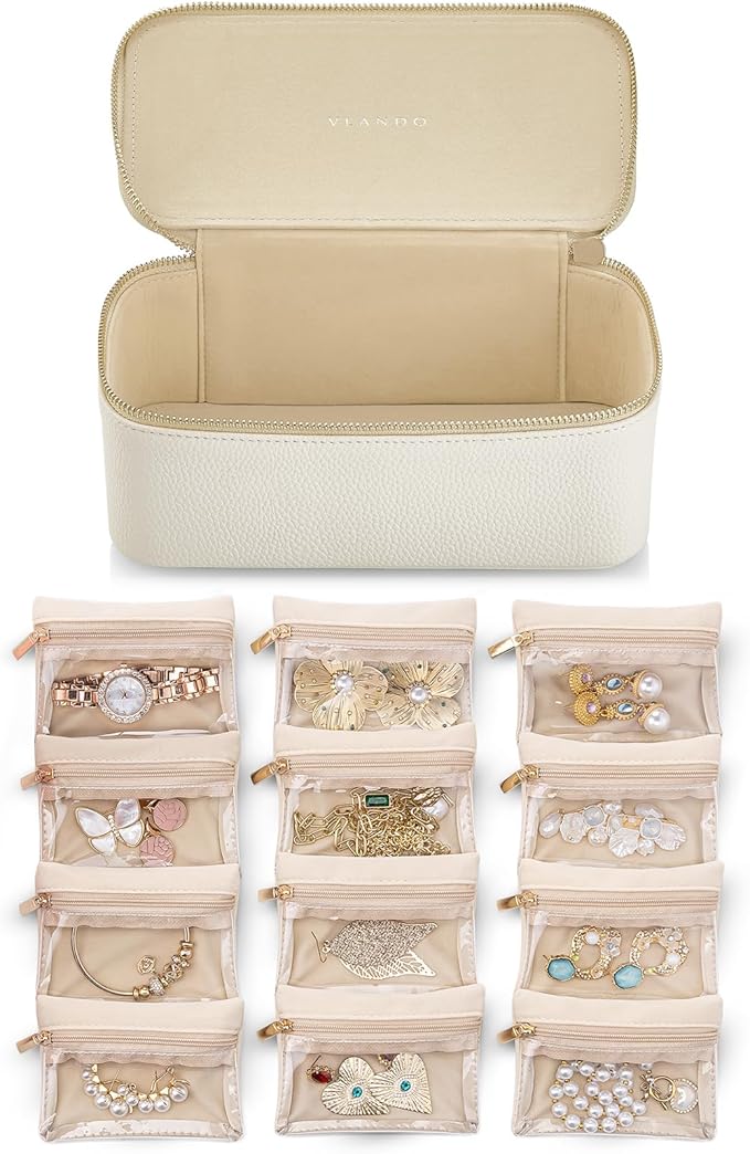 Vlando Jewelry Travel Case,Valentines Gift,Travel Jewelry Organizer with Clear Velvet Jewelry Bags Zipper Pouch for Women Girl Gift-12Pcs White