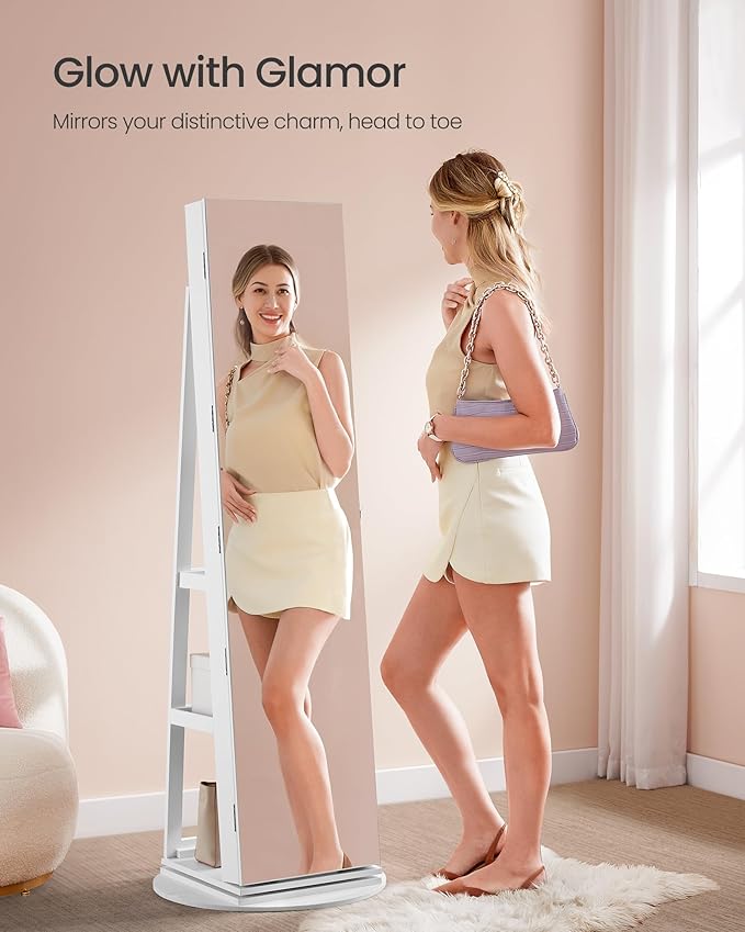 SONGMICS 6 LEDs Lockable Mirror Jewelry Cabinet, 360° Swivel Jewelry Organizer Armoire Standing, Frameless Full-Length Mirror, 3 Storage Shelves, White Surface, Greige Lining UJJC007W02V1
