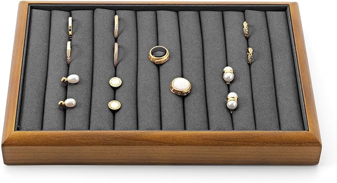 Oirlv Solid Wood 11 Slots Ring Tray Jewelry Organizer Tray Jewelry Drawer Organizer(Grey)