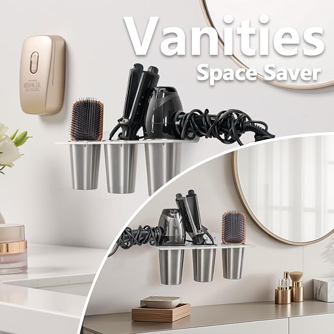 Hair Tool Organizer Wall Mount, Hair Dryer Holder and 2 Cup, Hair Hot Tools Organizer for Hair Styling Storage, Straighteners Holder, Curling Iron Holder, Hot Tool Storage for Bathroom Barbershops
