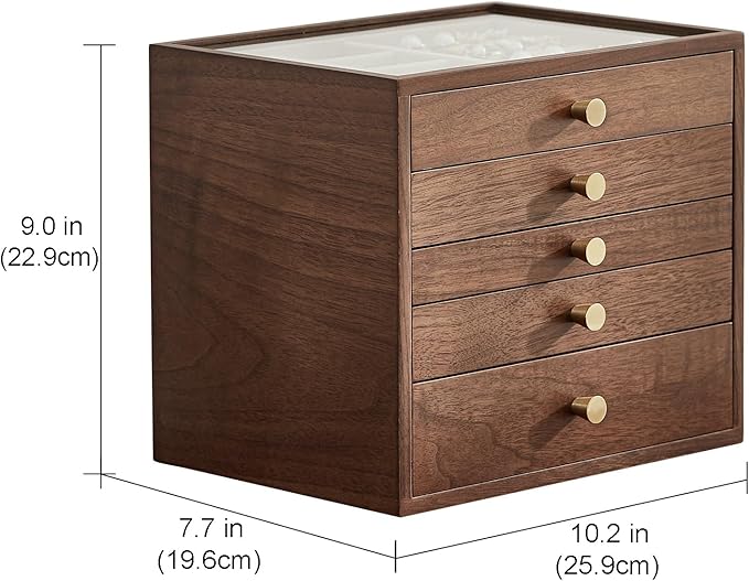 Black Walnut Wooden Jewelry Box Women large 5 Layer Drawer Wood Organizer Box with Glass Lid for Necklaces, Watch, Necklace, Ring, Earring Storage - Valentine's Day Gifts