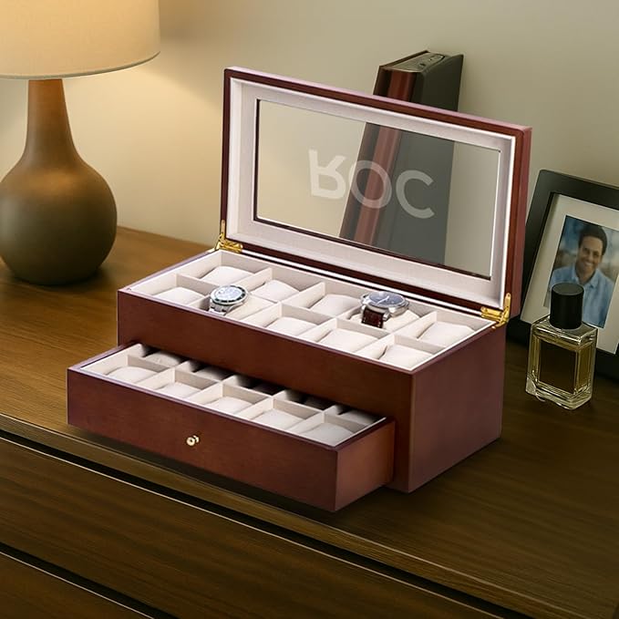 Bey-Berk Personalized Bosh Cherry Wood 20-Slot Watch Box, Glass-Top Solid Wood Watch Display Case with Drawer and Velour-Lined Cushions, 14.75" x 8.5" x 6.5"