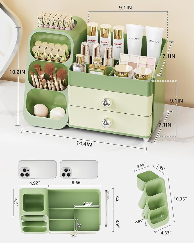 Makeup Organizer with Drawers, Skincare Organizer (Large Size Thick), Storage Box Cosmetic Display Cases, Make up Organizers for Vanity, Dresser, Desk, Kitchen, Countertop (green)