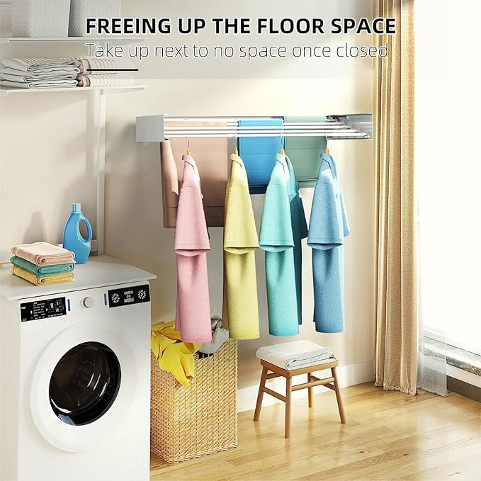 Laundry Drying Rack, Collapsible Wall Mounted Clothes Drying Rack - Drying Rack Clothing Foldable,Space Saving, 31.6" Wide, 13.2 Linear Ft, 5 Aluminum Rods, 60 lb Capacity (White, 31.6")