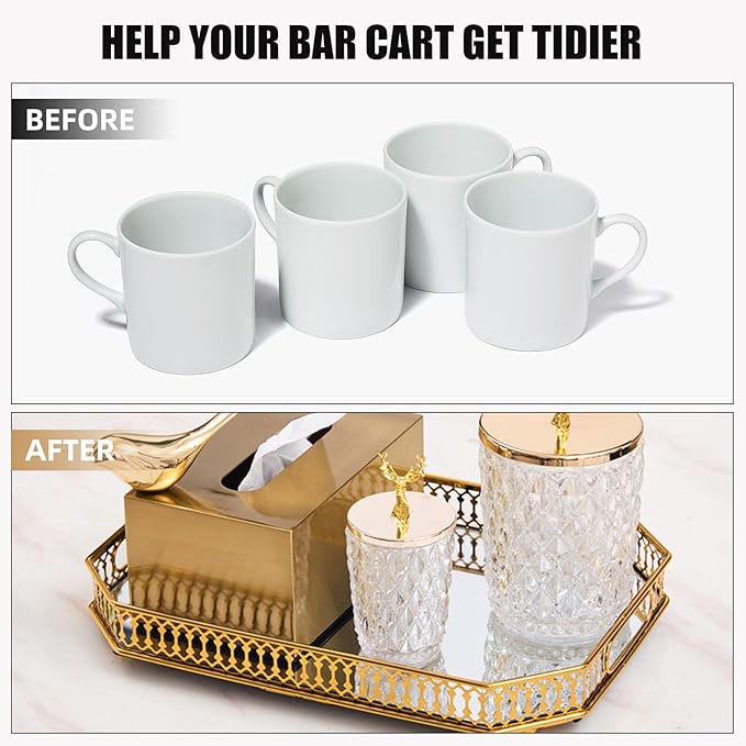Vintage Gold Mirror Tray, Modern Luxury Perfume Decorative Tray with Hollow Design, Elegant Glass Display Storage Organizer, Rectangle 7.1"x11.4", for Coffee Table, Entryway, Bathroom