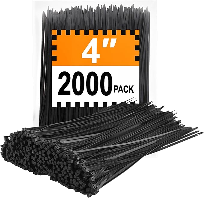 Zip Ties 4 inch (2000 Pack), 18 lb, Small Wire Ties, Black, UV Resistant Cable Ties for Outdoor Use, LOCKLOCK