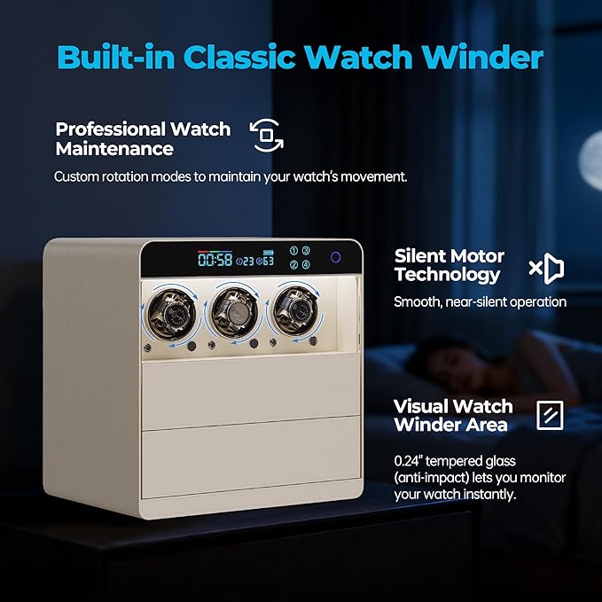 ZL ZELing Jewelry Box with Watch Winder, Fingerprint and Password Lock, Large Capacity Storage for with Necklace/Rings/Bracelets/Watchesage&Organizer Women Gifts,Dual Drawers, Beige