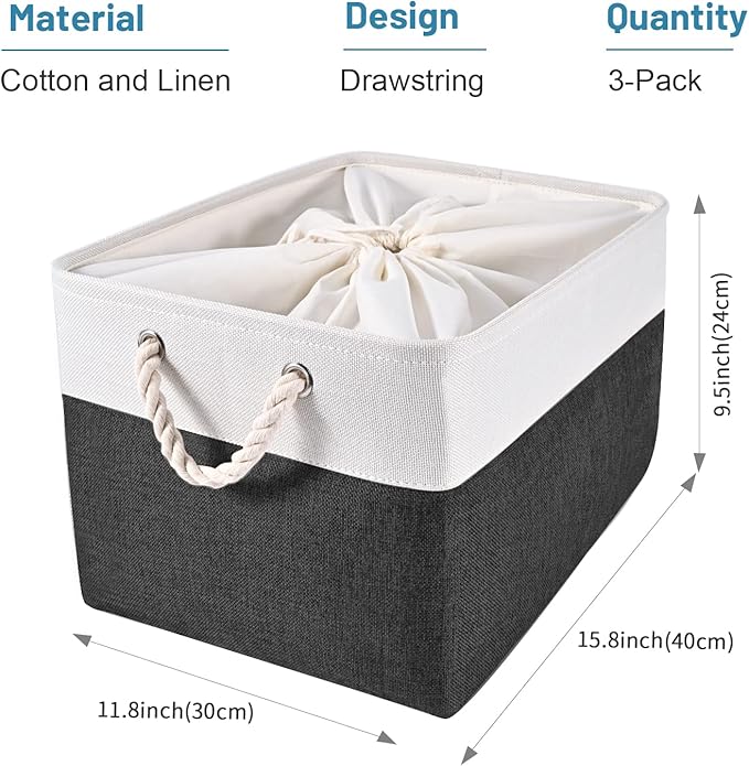 HOdo Home 3PCS Fabric Storage Bin with Drawstring Closure and 2 Bold Handles, Collapsible Large Canvas Storage Baskets for Organizing Shelf Nursery Home (White and Black, 15.8L×11.8W×9.5H)