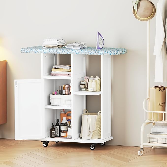 Rolling Ironing Board with Storage Cabinet, Small Ironing Table with Fixed Heat-Resistant Pad, Craft Table with Storage Shelves for Small Spaces, Laundry and Craft Rooms (White Non-Foldable)
