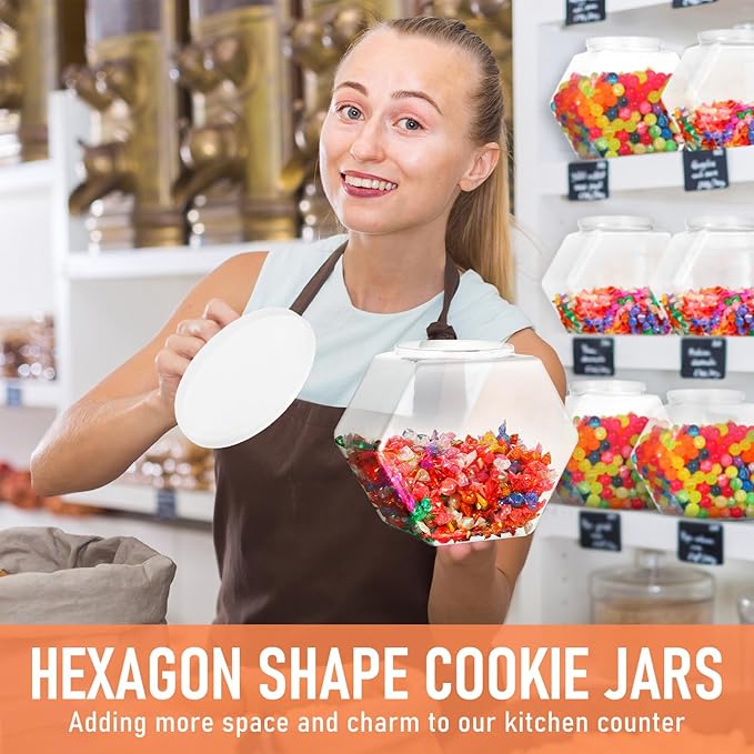 Uiifan 1 Piece Plastic Candy Jar with Lid Cookie Jar Clear Hexagonal Fish Bowls Containers for Snacks, Dog Food, Desk Pet, Craft and Sewing Supplies, Coffee Pod, Laundry Pod Storage Display(129 oz)