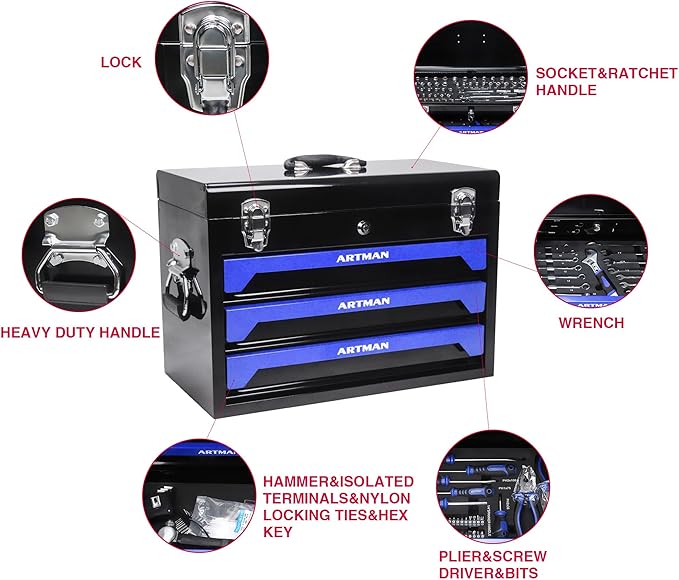 Campfun 439PCS Tool Set, Mechanic Tool Set for Home, Tool Box Set 4-Tier Socket Wrench Ratchet Plier Nails, Home Tool Set Mechanics Kit with 3 Drawers Organizer for Adults Man Handyman, Blue