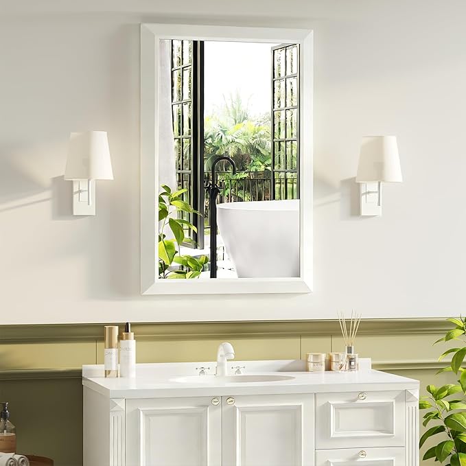 Bathroom Mirror for Over Sink,22x30Inch White Thick Anti-Rust Metal Frame, Rectangle Decorative Wall Mirror with HD Tempered Glass, Horizontal or Vertical Mount for Vanity, Bathroom,Living Room